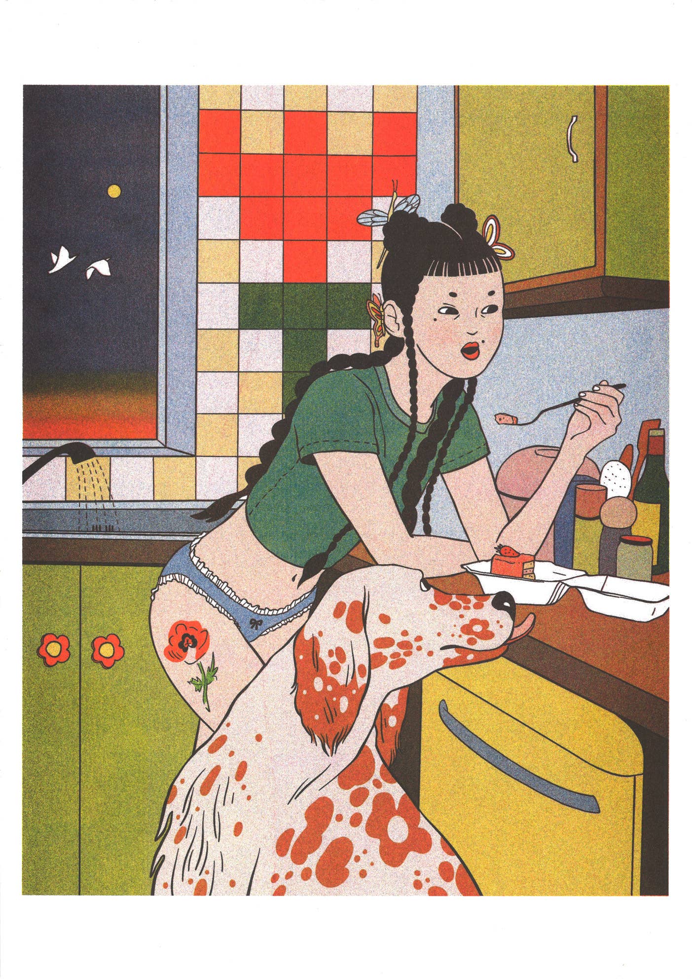 A3 poster 'Midnight Snacks' van Sunny Wu, detail van de risografiedruk