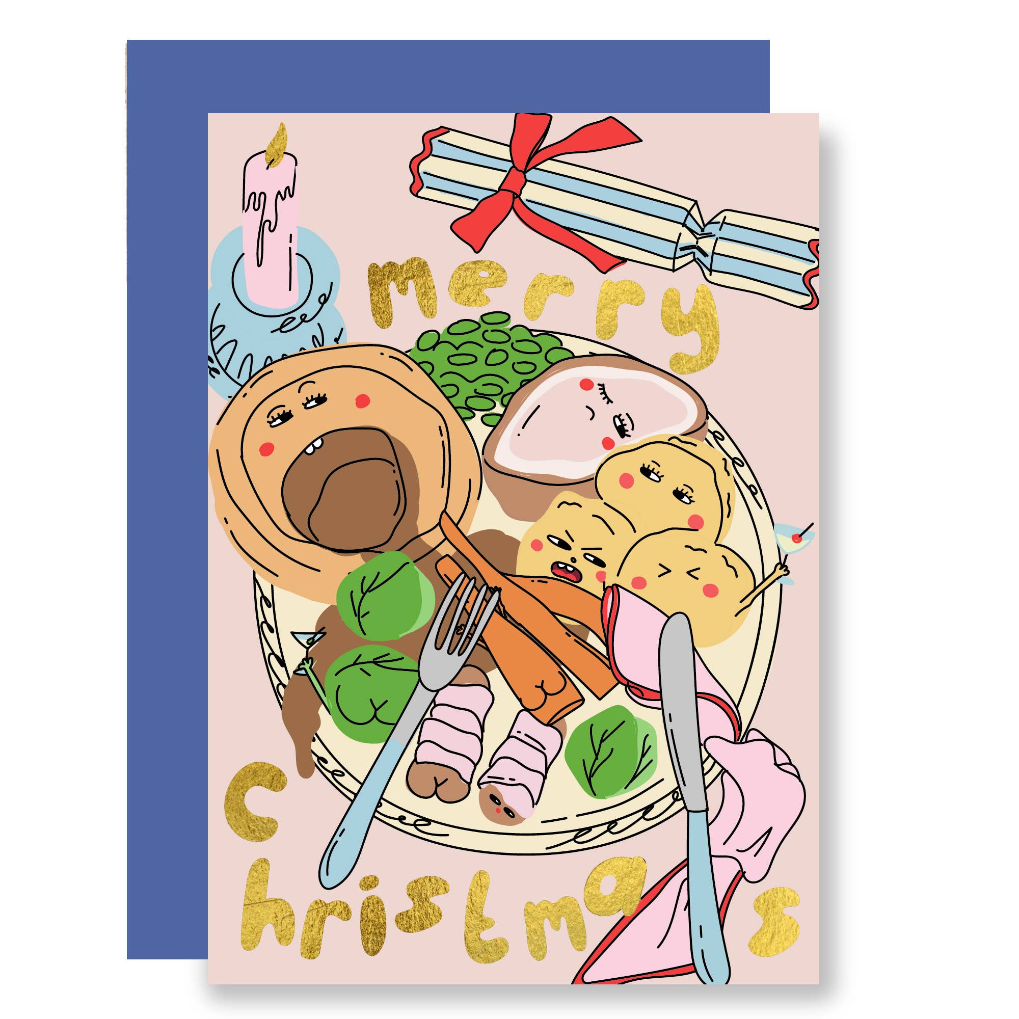 Kerstkaart met schattig kerstdiner en goudfolie van Eat the Moon