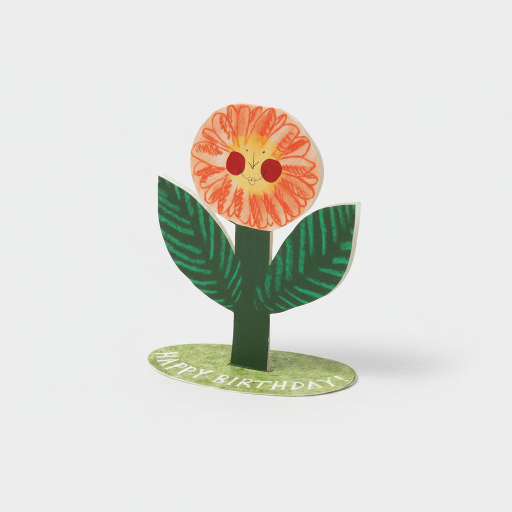 Staande verjaardagskaart met vrolijke bloem en happy birthday tekst van Hadley
