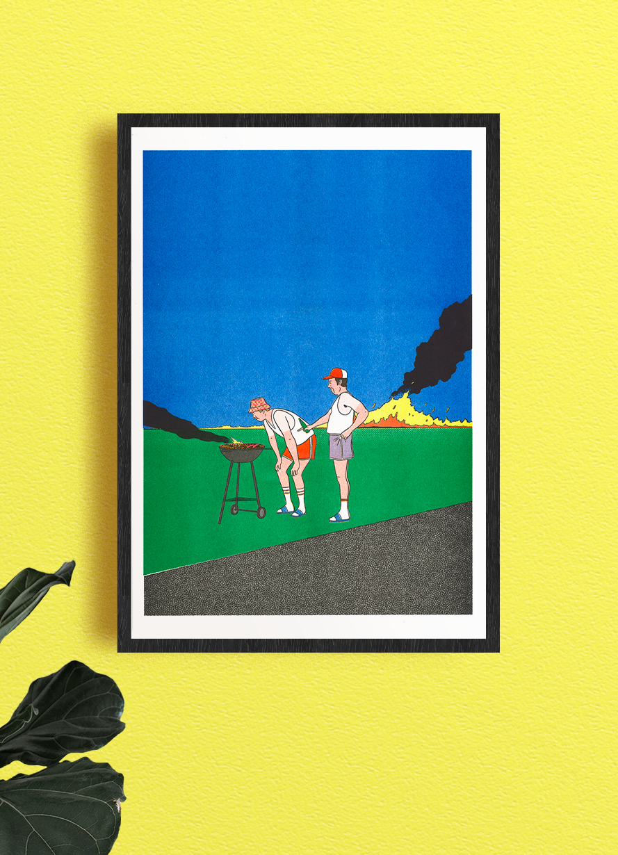 Poster 'Barbeuc' van Simon Bailly aan de muur, sfeerbeeld