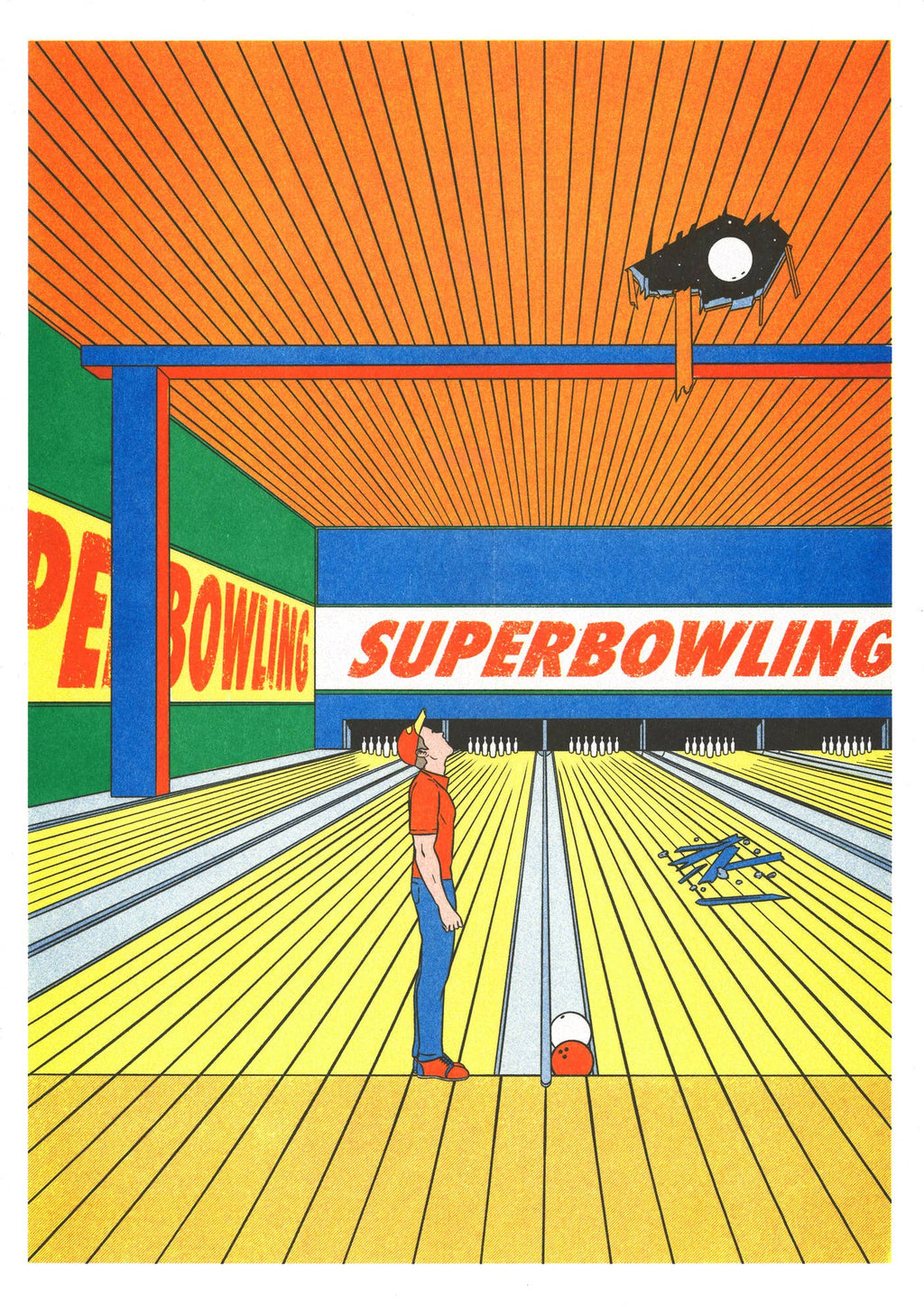 A3 poster 'Super Bowling' van Simon Bailly, detail van de risografiedruk