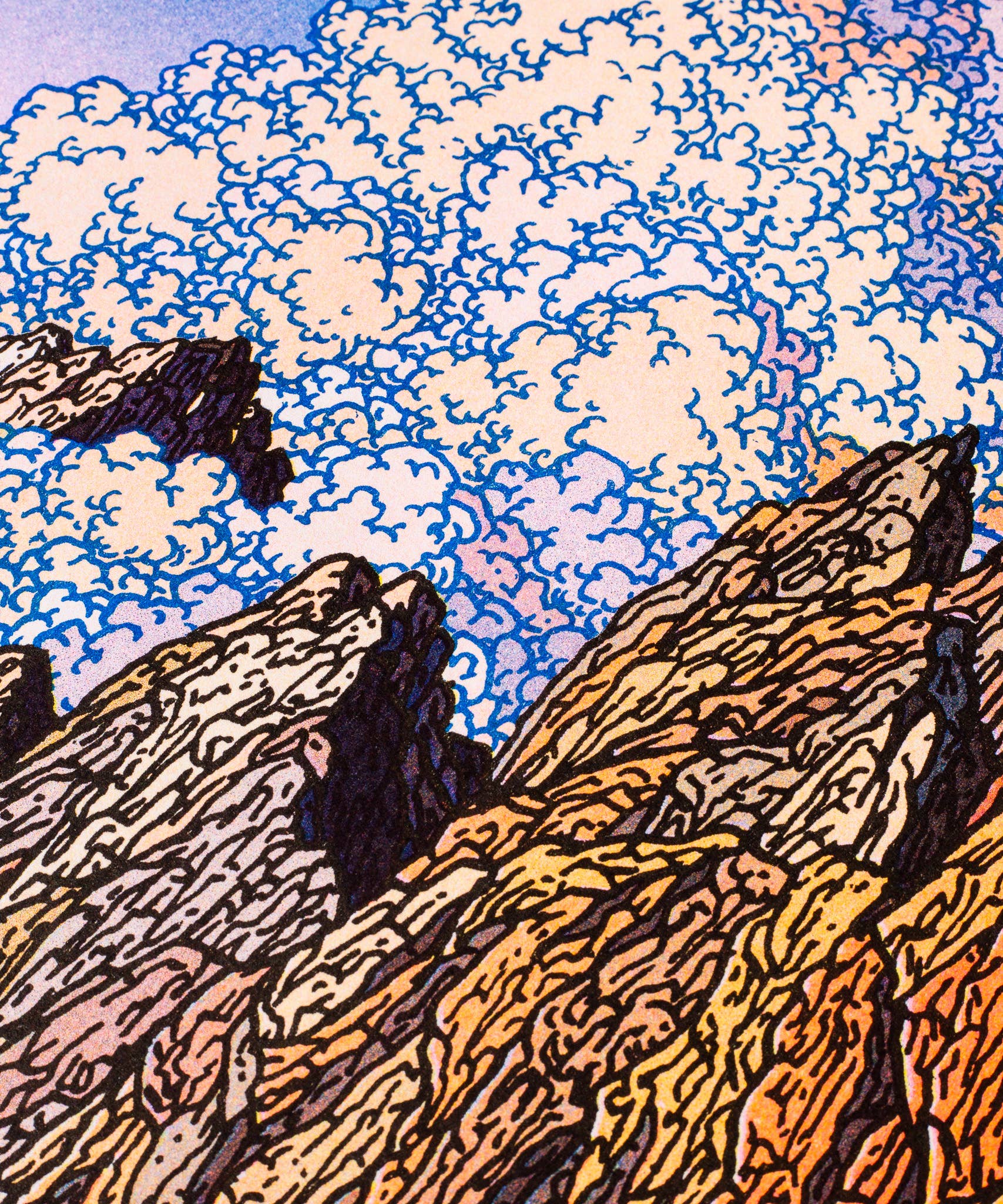A3 poster 'Les Dents du Midi' van Clement Vuillier, detail van de risografiedruk