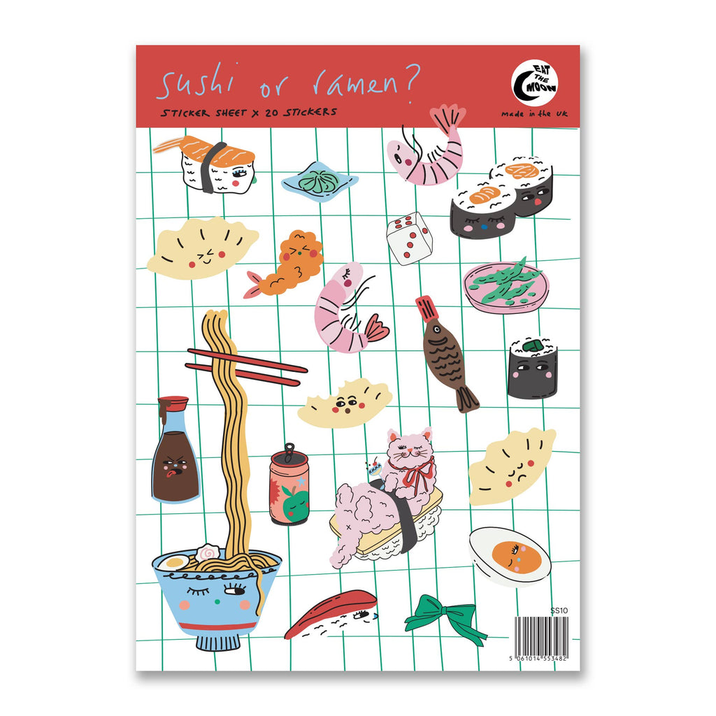 A6 stickervel, 20 x mini stickers, sushi of ramen?