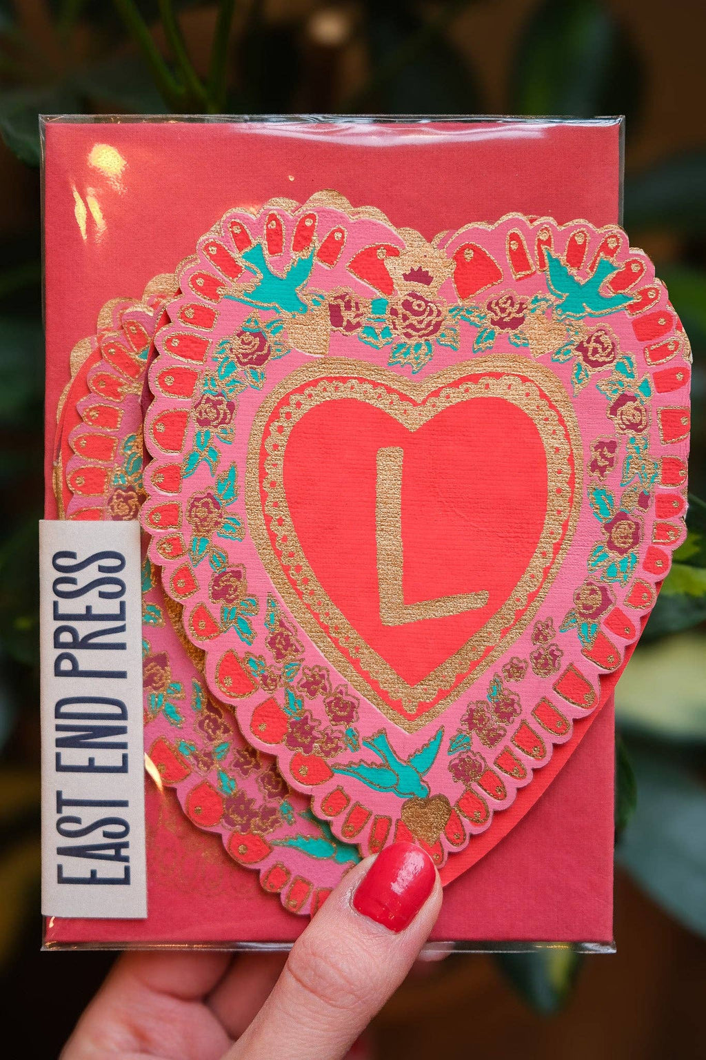 Concertina wenskaart Love, met de hand gezeefdrukt in Jaipur
