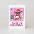 Cowgirl kerstkaart met gitaarspelende kat in westernoutfit, Moggshop