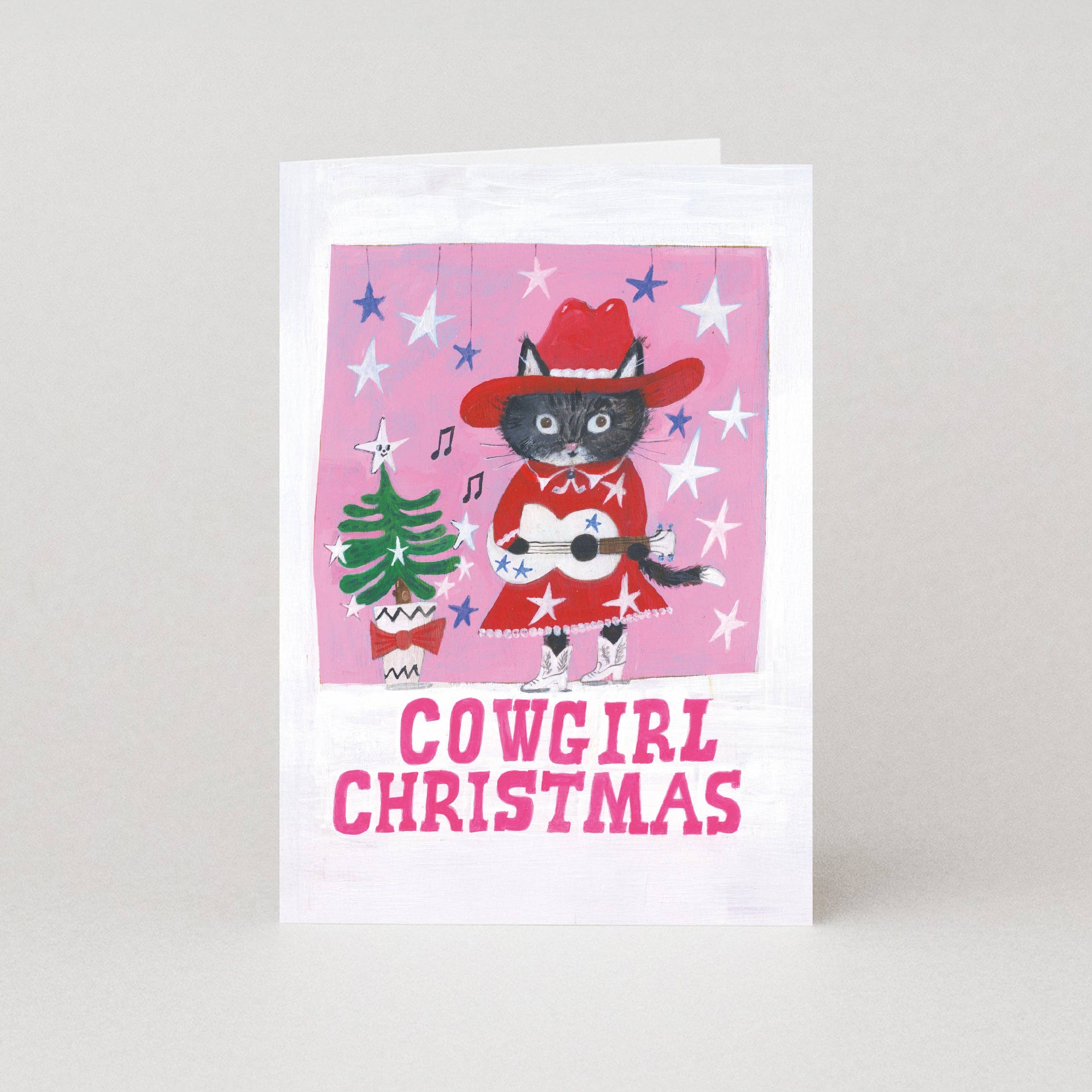 Cowgirl kerstkaart met gitaarspelende kat in westernoutfit, Moggshop
