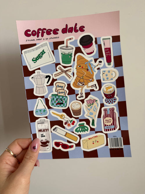 Stickervel A5 koffiedates van Eat the Moon, detail van de koffie-illustraties