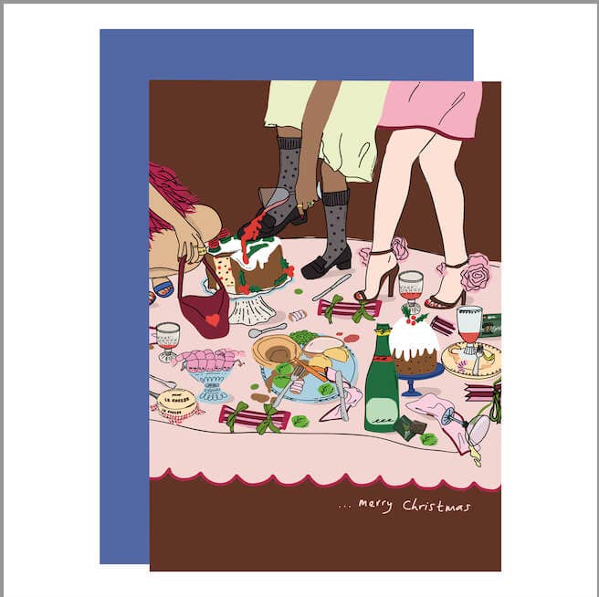 Kerstkaart met dansen op de kersttafel, doorlopend ontwerp van Eat the Moon