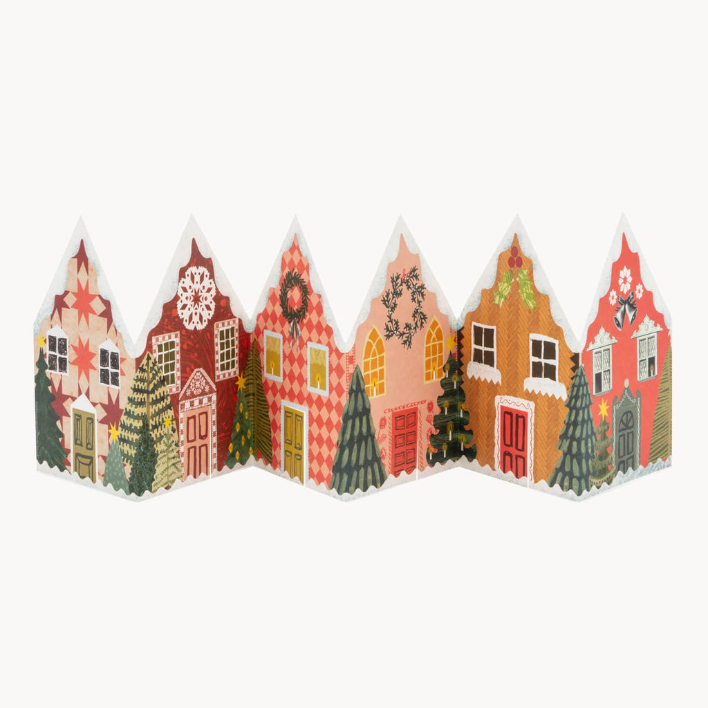 Kersthuizen concertina kaart met besneeuwde huisjes van Hadley