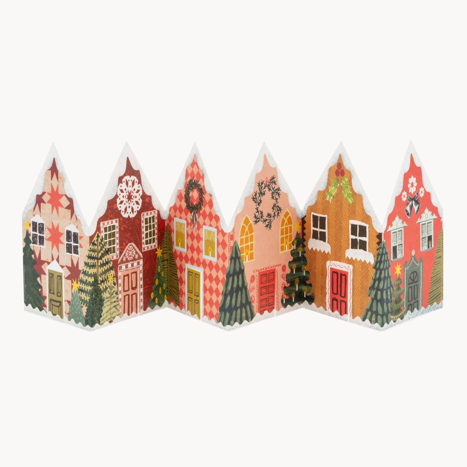 Kersthuizen concertina kaart met besneeuwde huisjes van Hadley