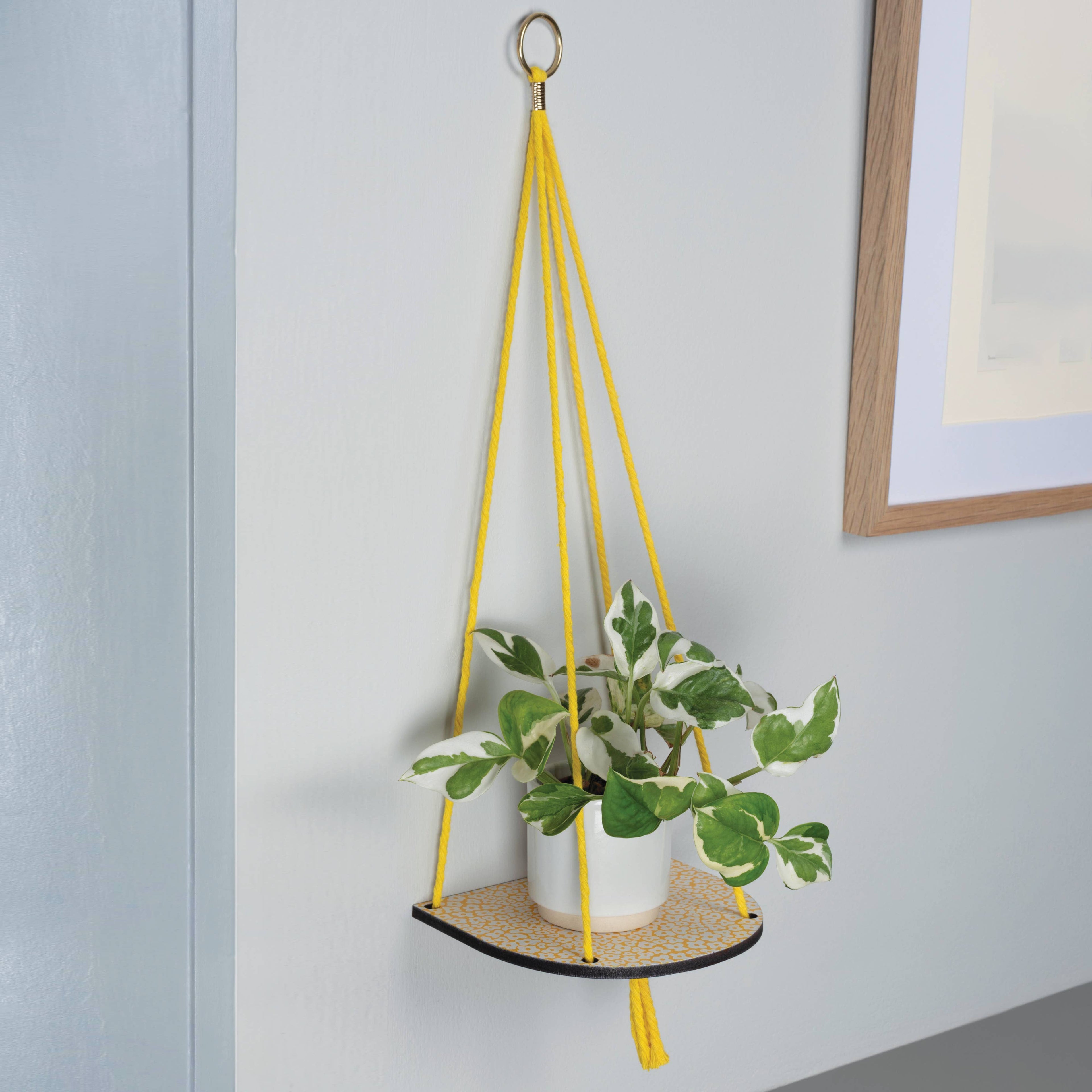 Kleine plantenplank met geel touw van Studio Wald, tegen de muur