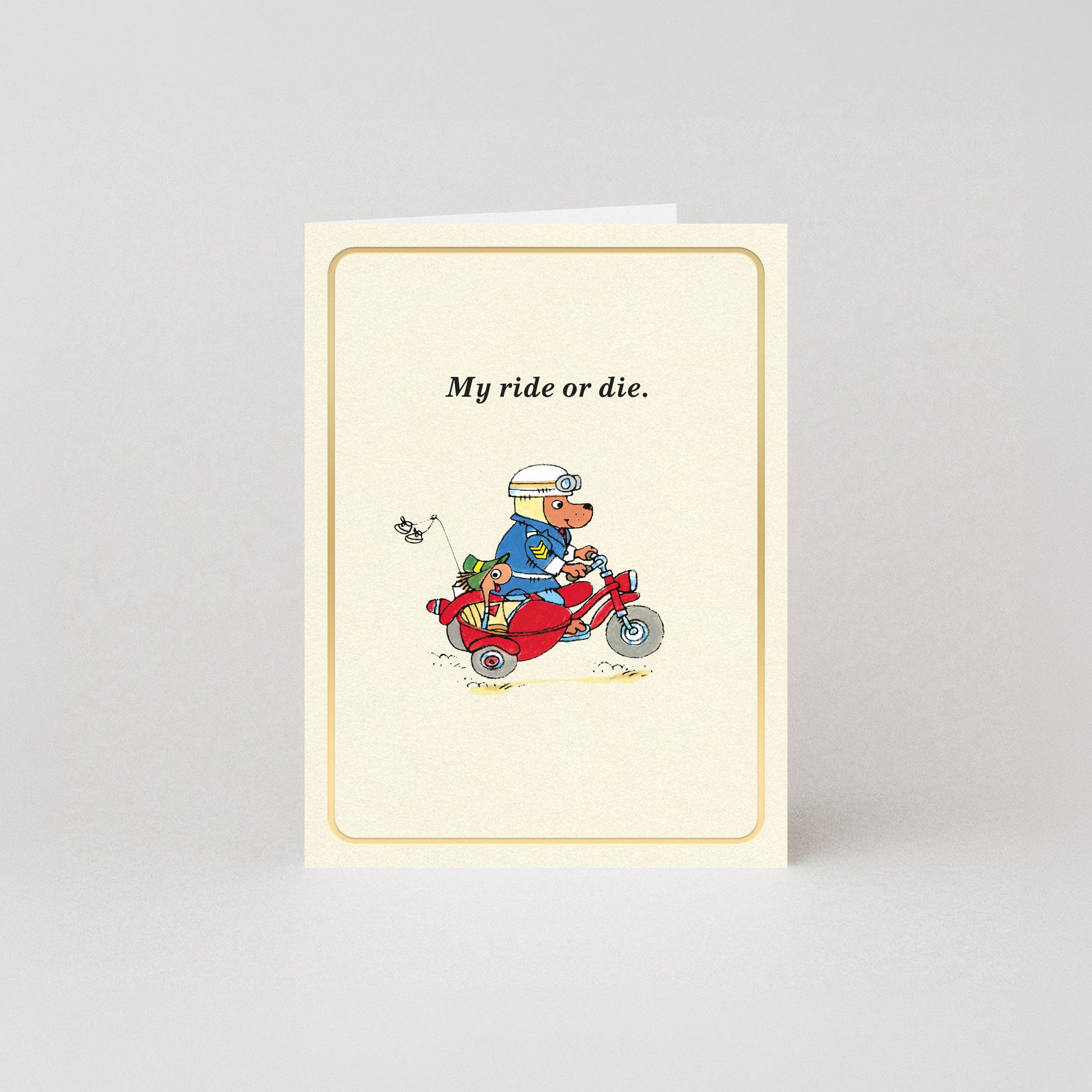 Mijn Ride-or-Die goudfolie minikaart van Richard Scarry