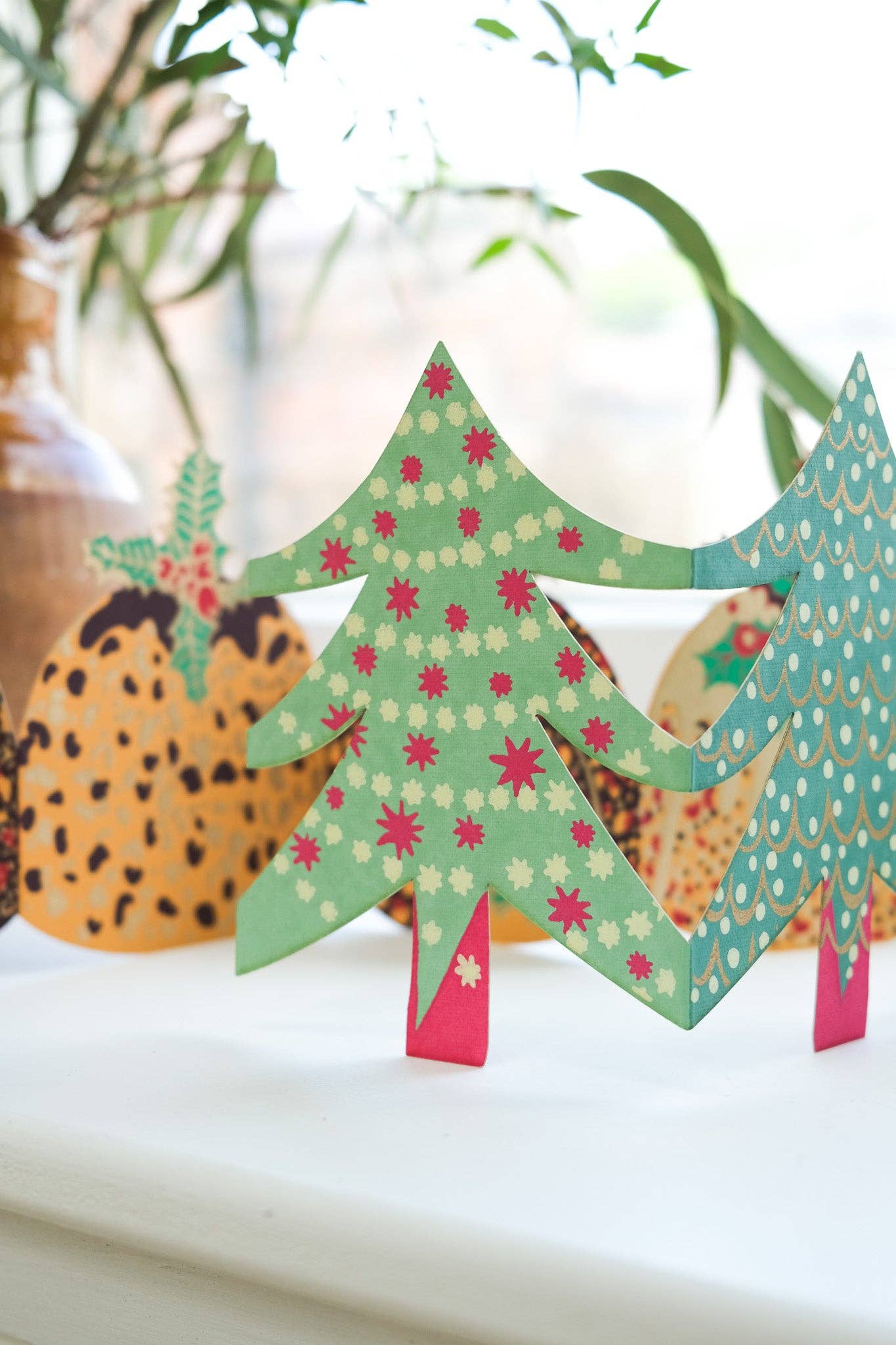 Kerstboom accordeonkaart, met de hand gezeefdrukt in Jaipur