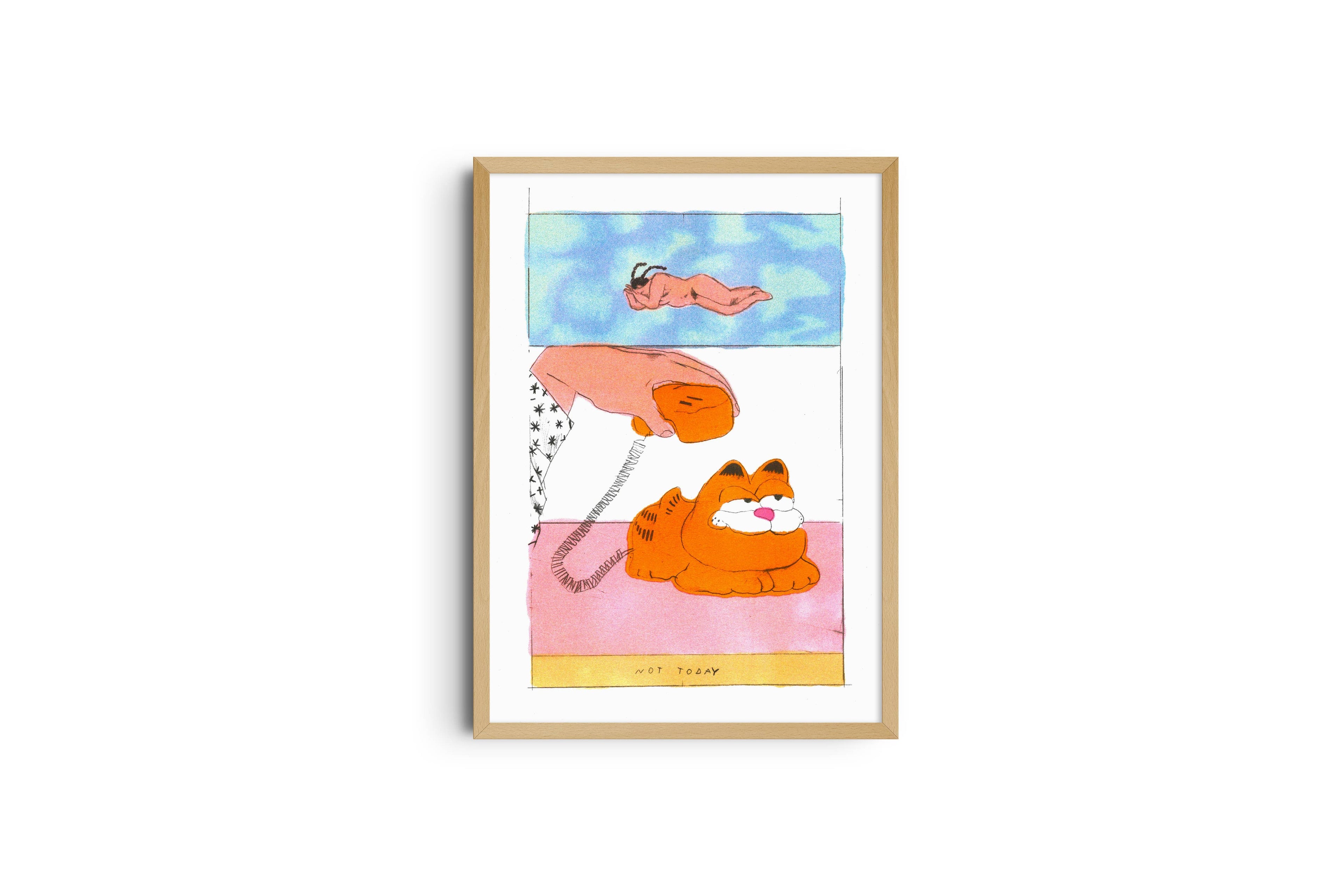 Risografieposter 'Garfield' van Melek Zertal, gedrukt door KIBLIND Atelier