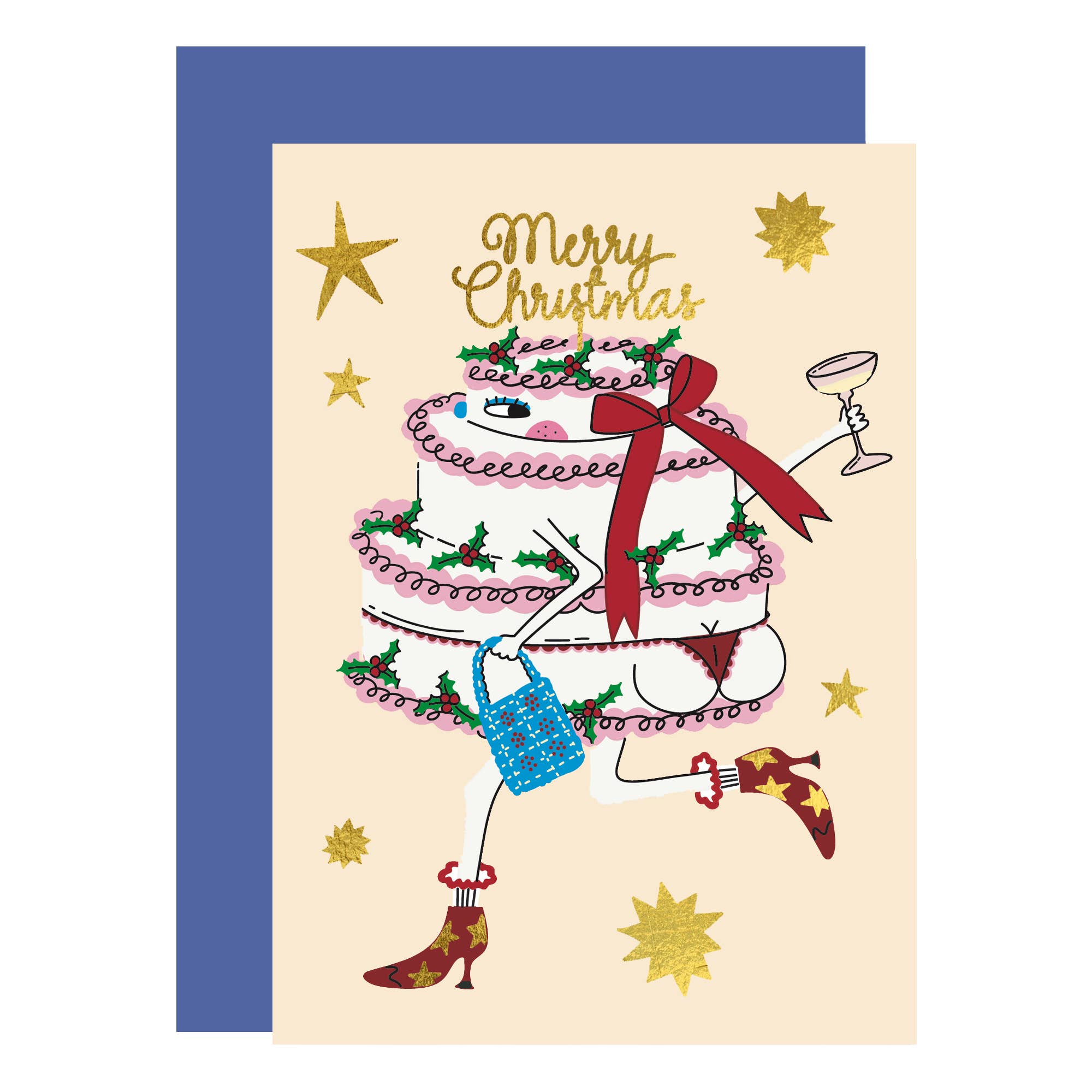 Kerstkaart met kersttaart in laarzen en goudfolie van Eat the Moon