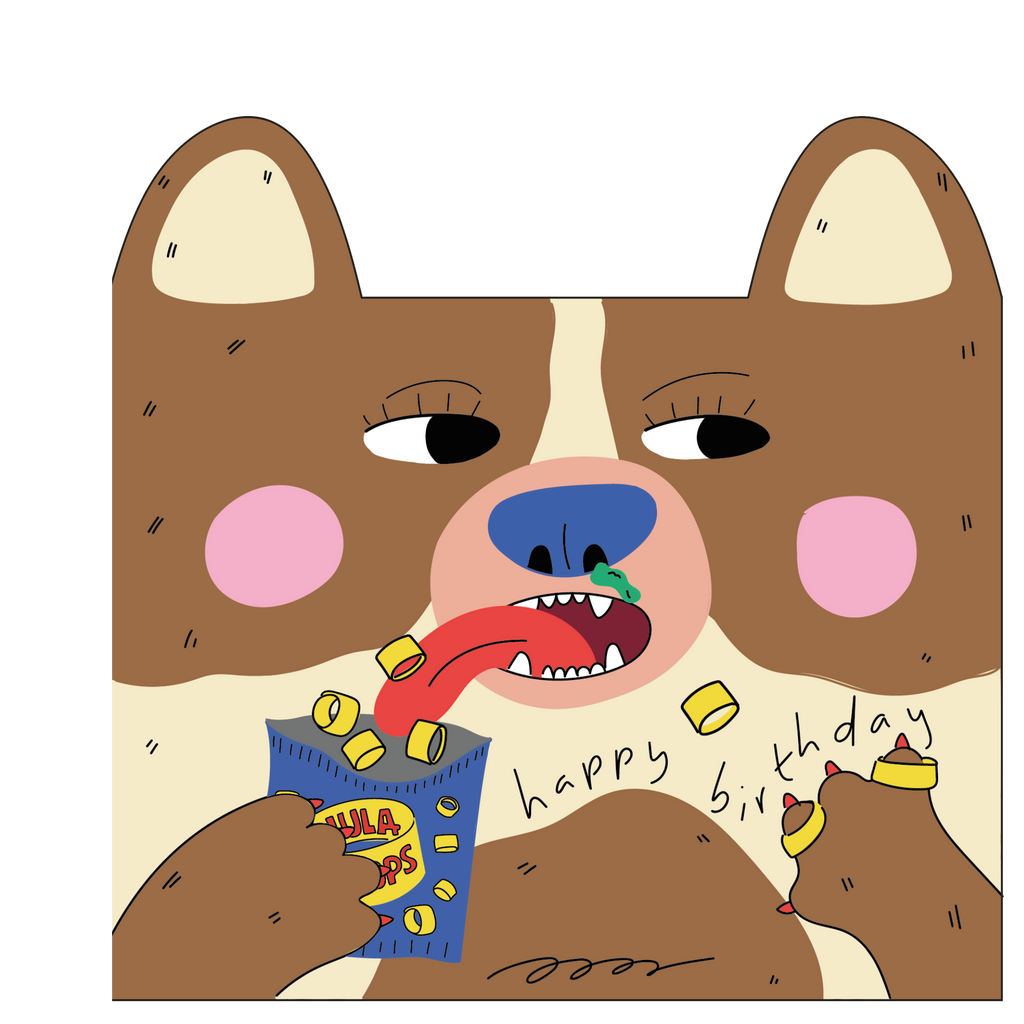 Kinderwenskaart met hond en hoelahoepsnack, vooraanzicht