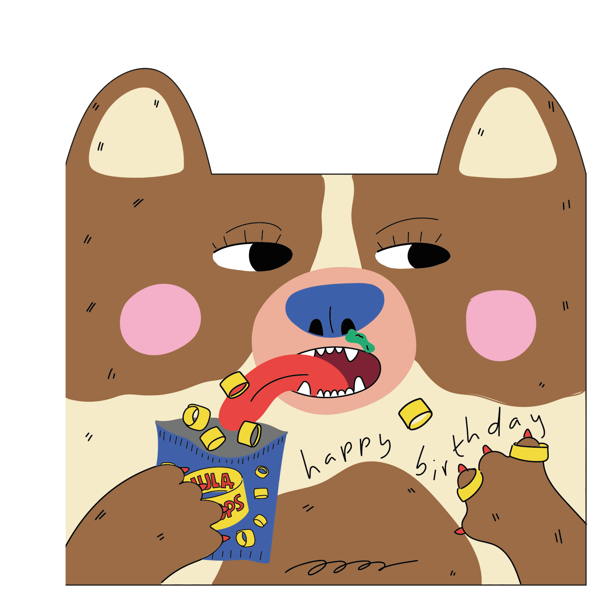 Kinderwenskaart met hond en hoelahoepsnack, vooraanzicht