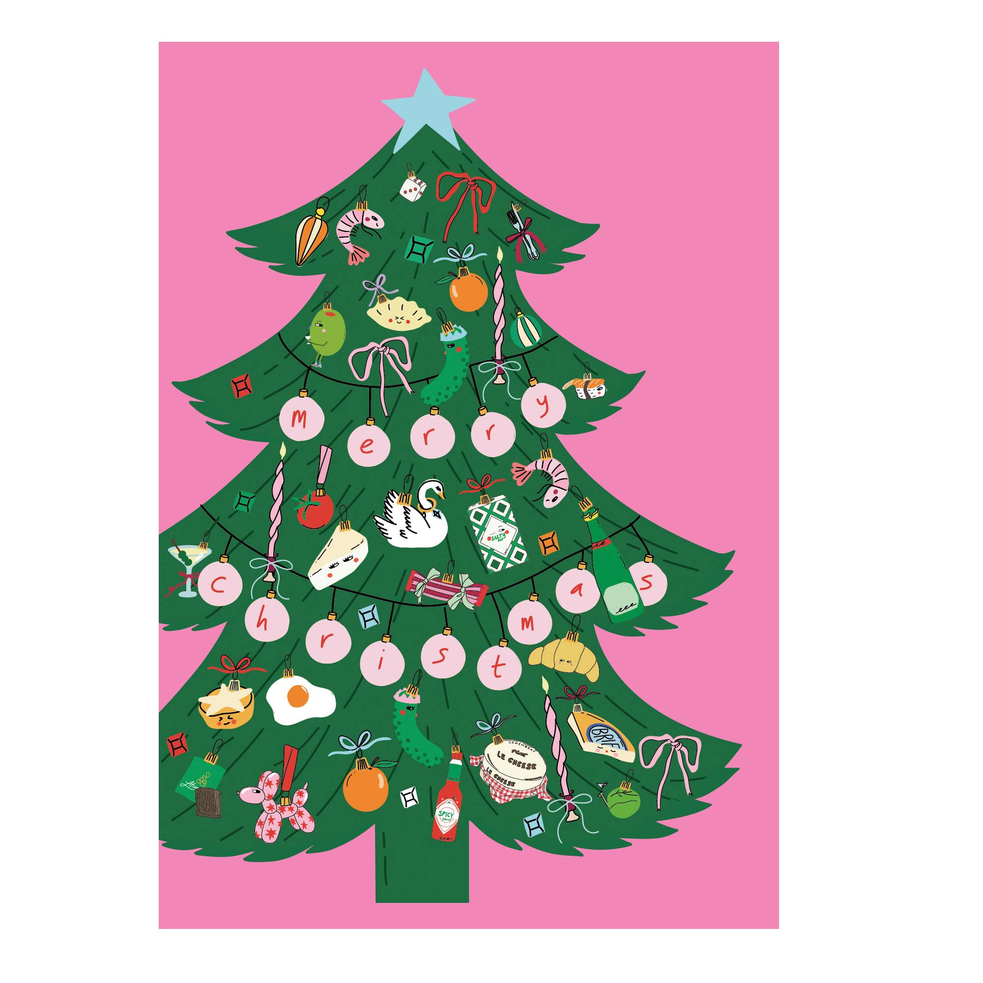 Gestanste kerstboomkaart met ornamenten van Eat the Moon