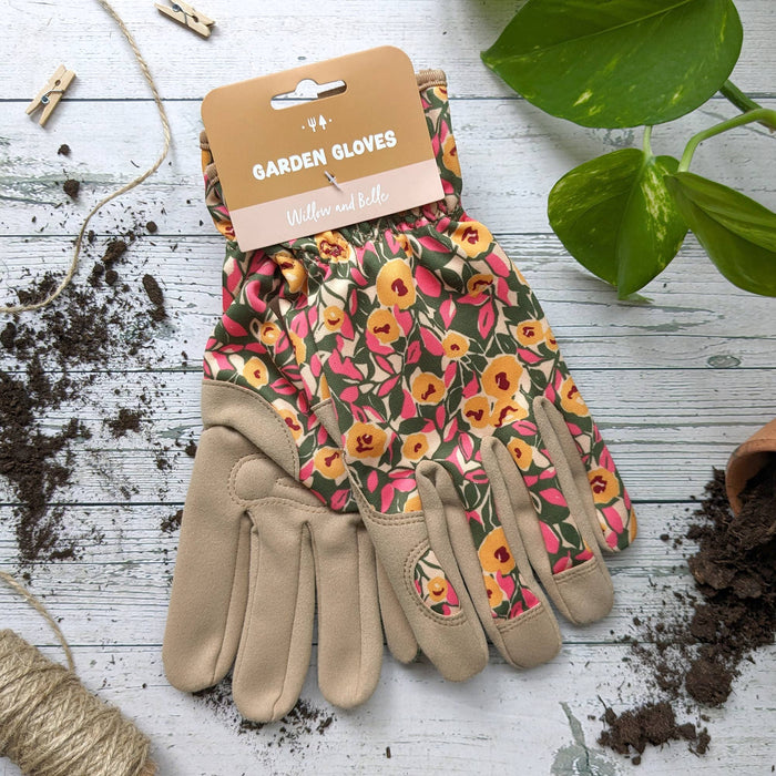 Willow & Belle tuinhandschoenen - mosterd en roze bloemen
