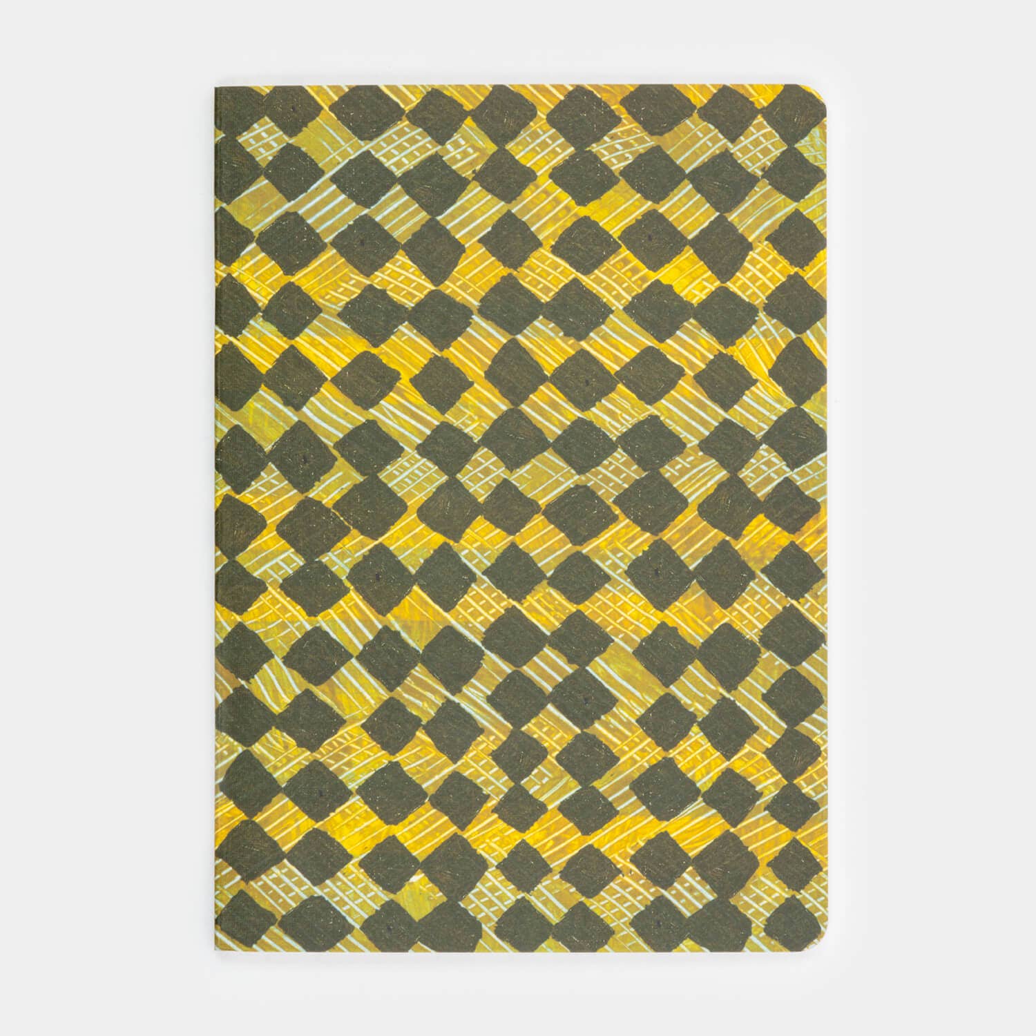 Geel schetsboek met geschilderde diamanten, vooraanzicht