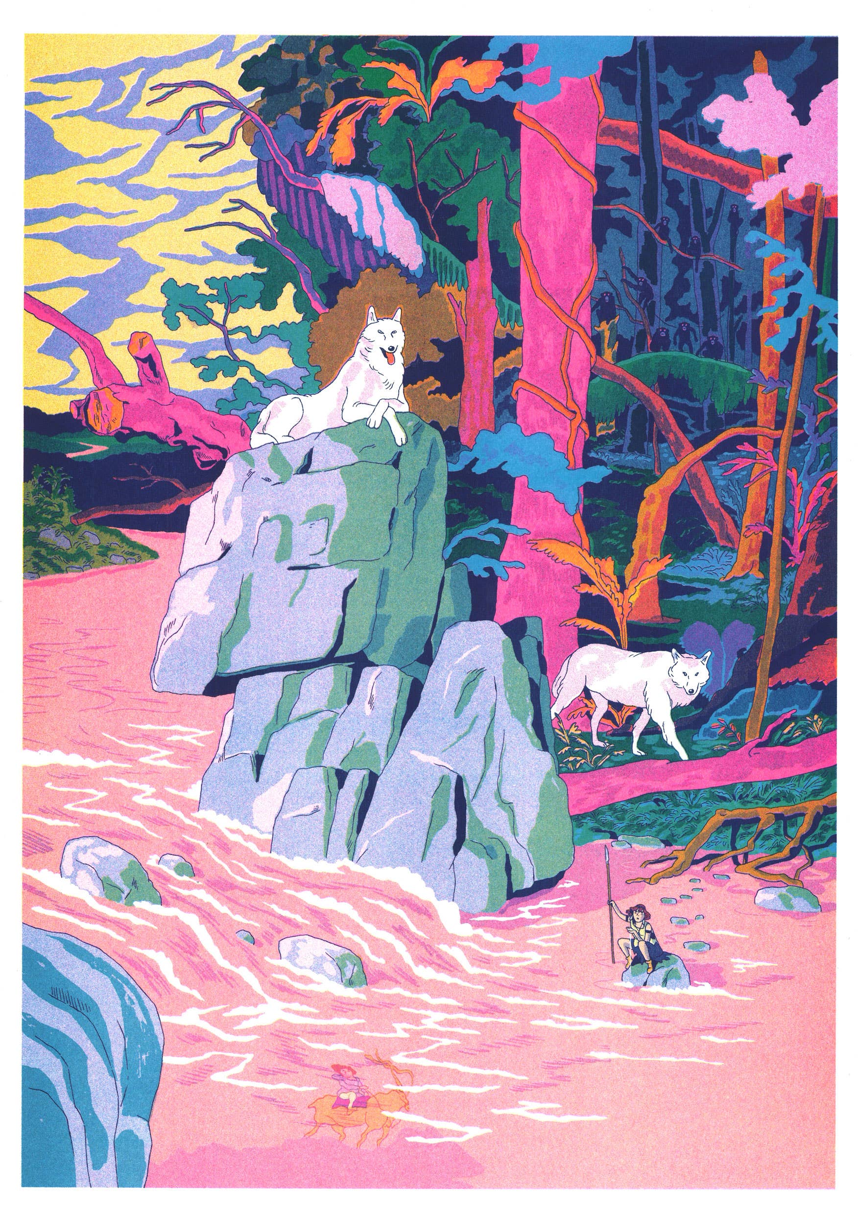 A3 poster Prinses Mononoke van Simon Roussin, detail van de risografiedruk