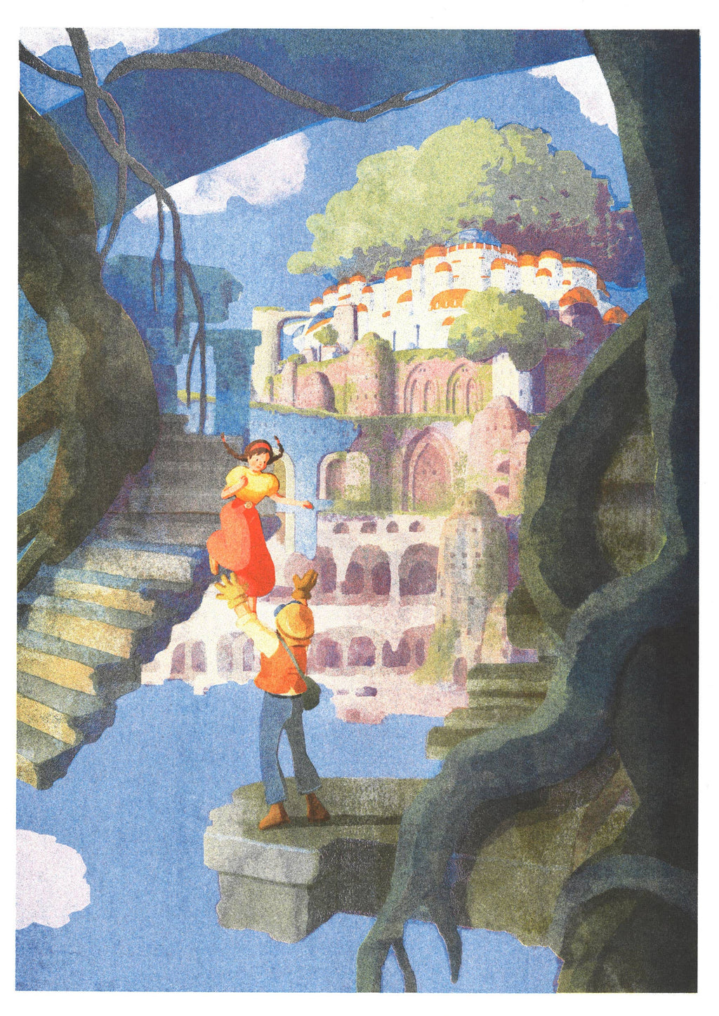 A3 poster Castle in the Sky van HifuMiyo, detail van de risografiedruk