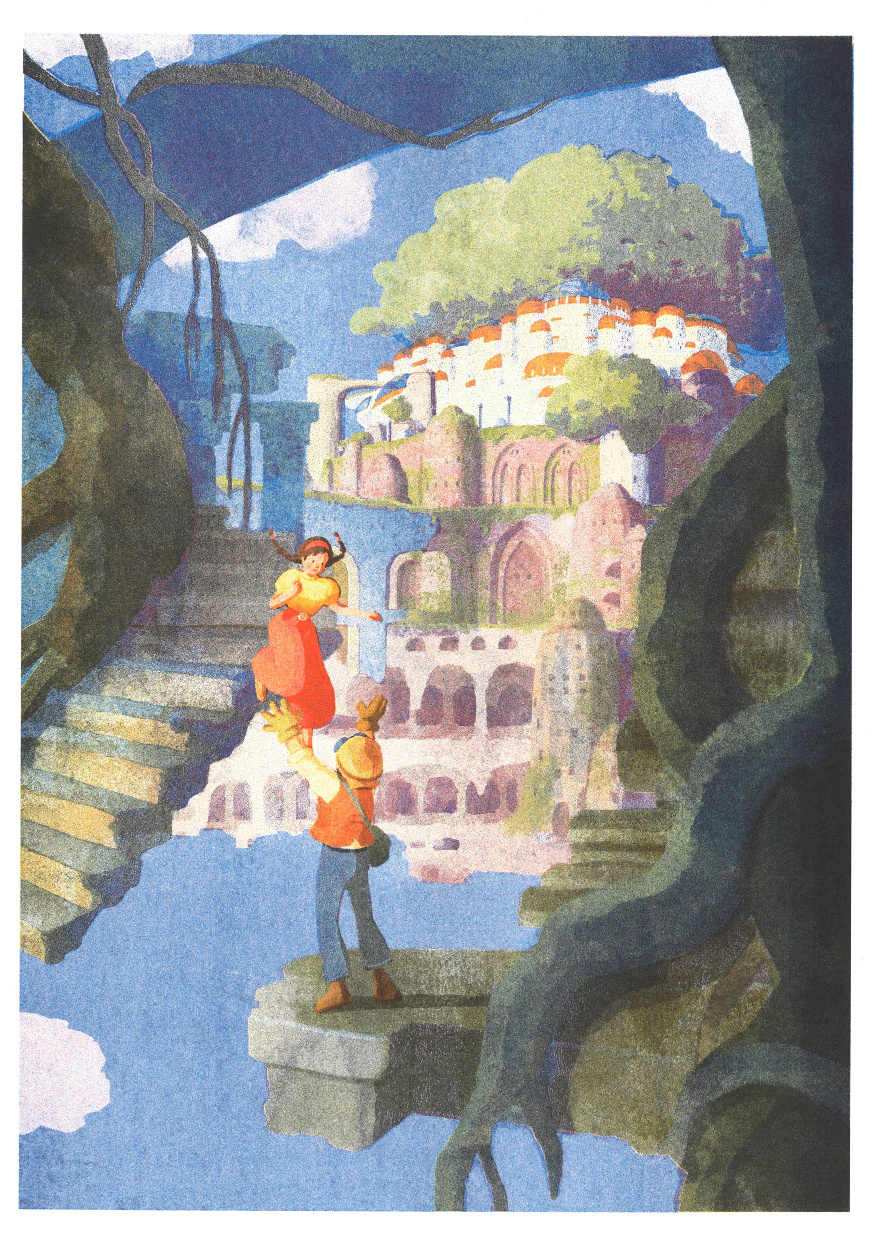 A3 poster Castle in the Sky van HifuMiyo, detail van de risografiedruk