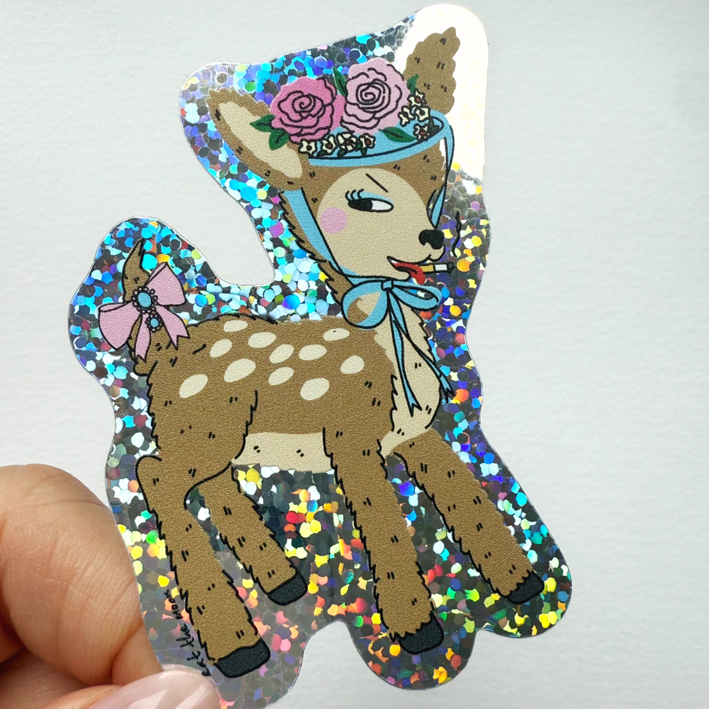 Klein hertje, vinylsticker met glitter, gestanste sticker, sprankeling