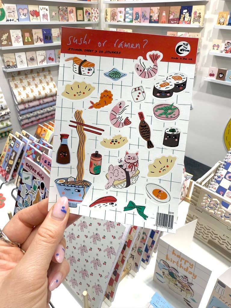 A6 stickervel, 20 x mini stickers, sushi of ramen?