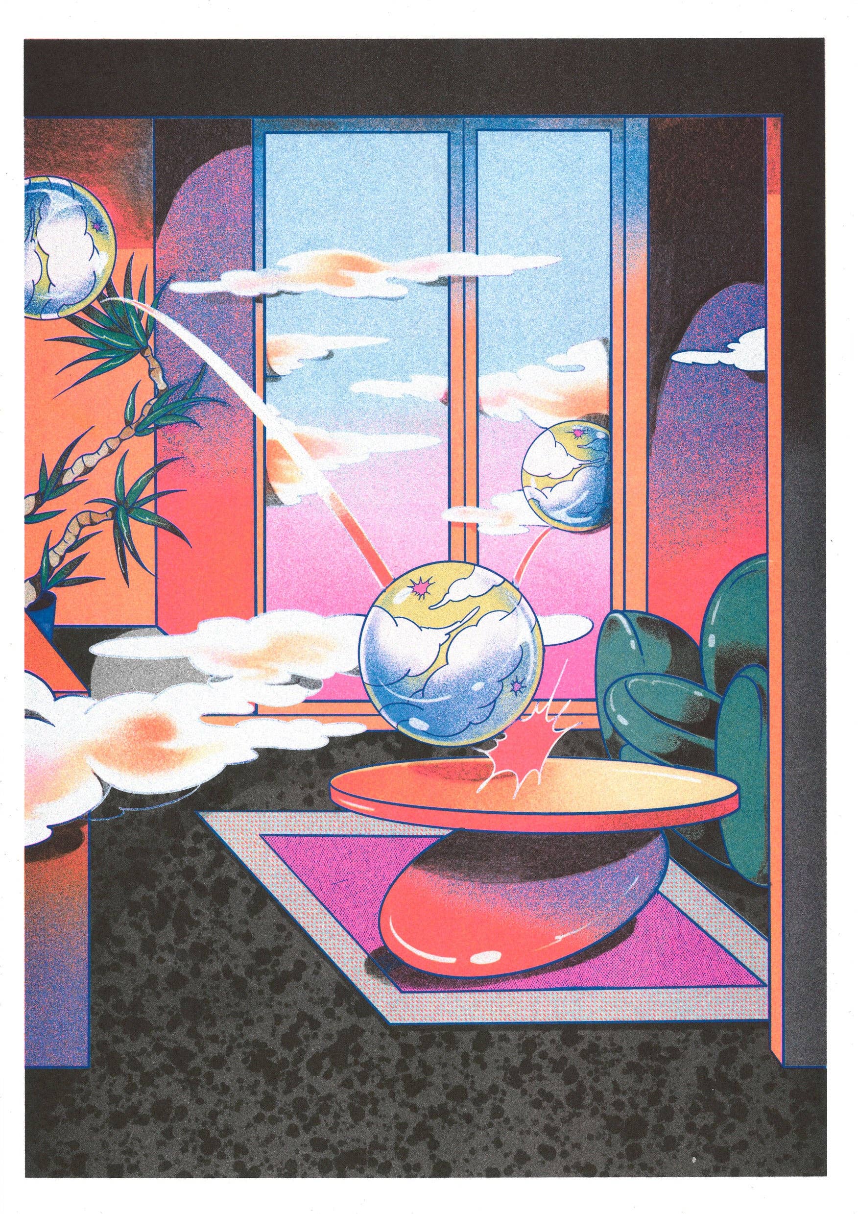 A3 poster 'Cloudy Room Night' van Beya Panicha, detail van de risografiedruk