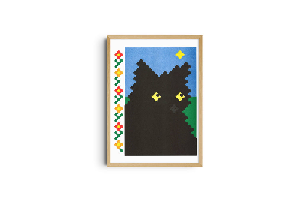 Risografieposter 'Black Cat' van Joe O'Donnell, gedrukt door KIBLIND Atelier