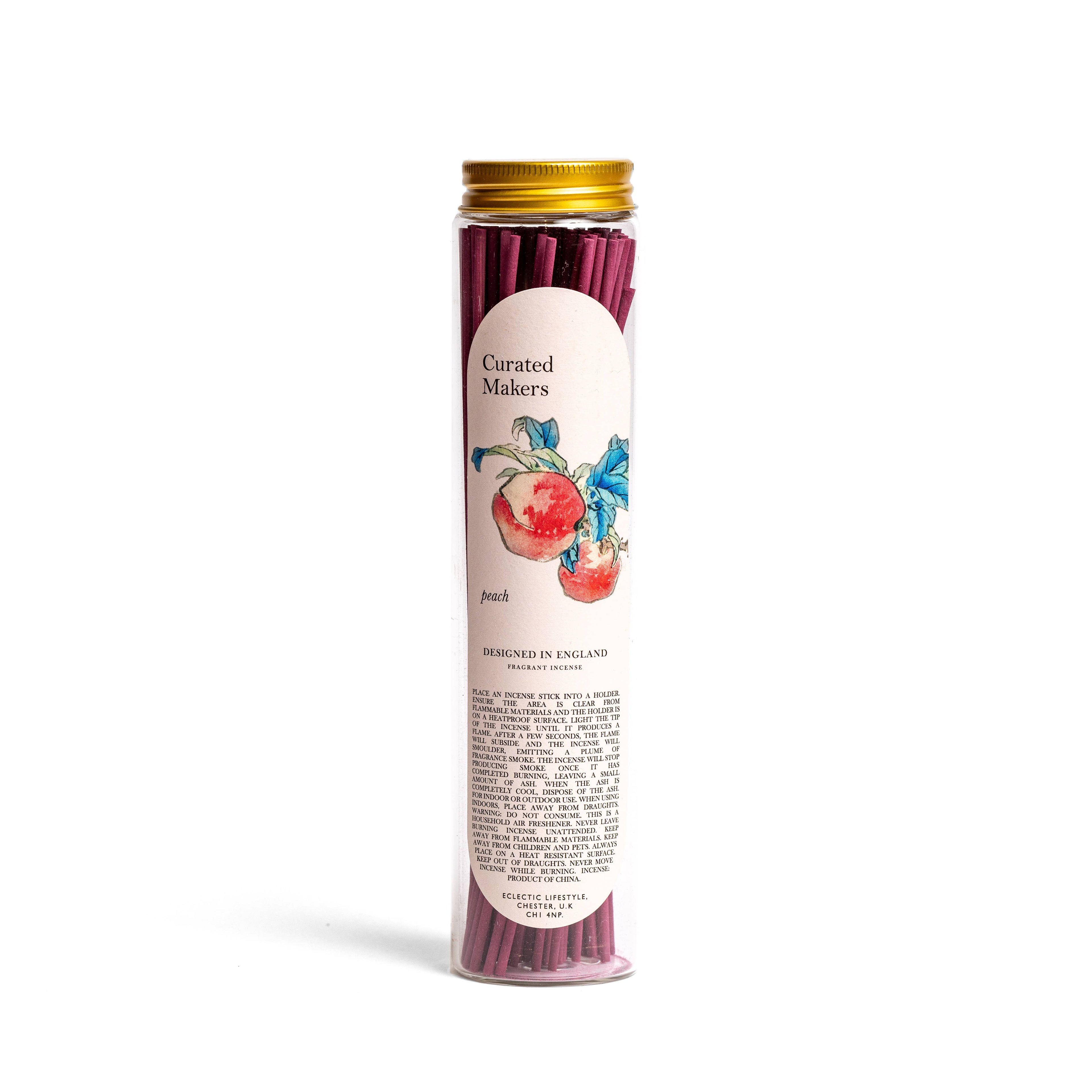 Pot met 100 perzik wierookstokjes van Curated Makers, zoete pink peach geur