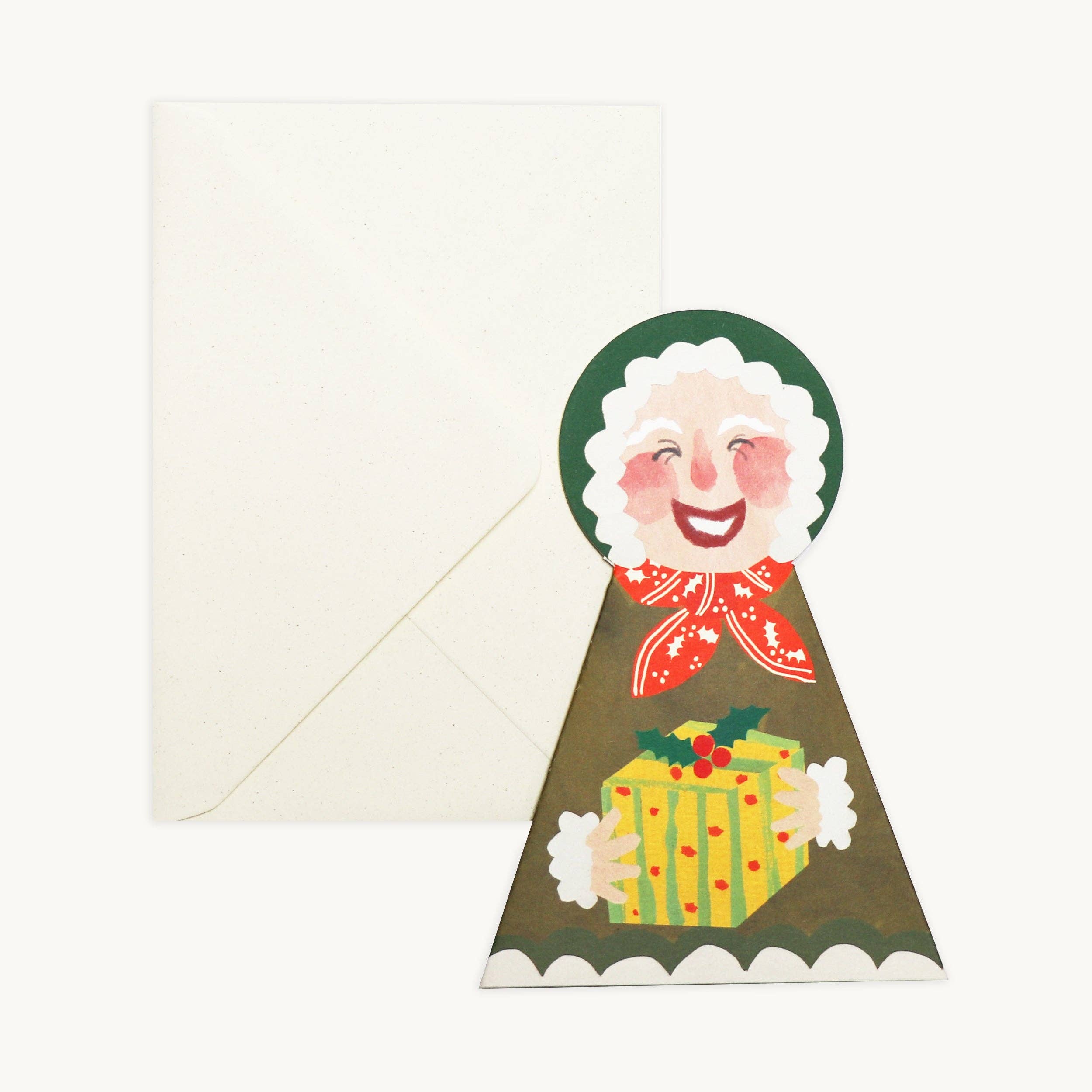 Mevrouw Claus staande kaart, met de hand geschilderd en gecollageerd