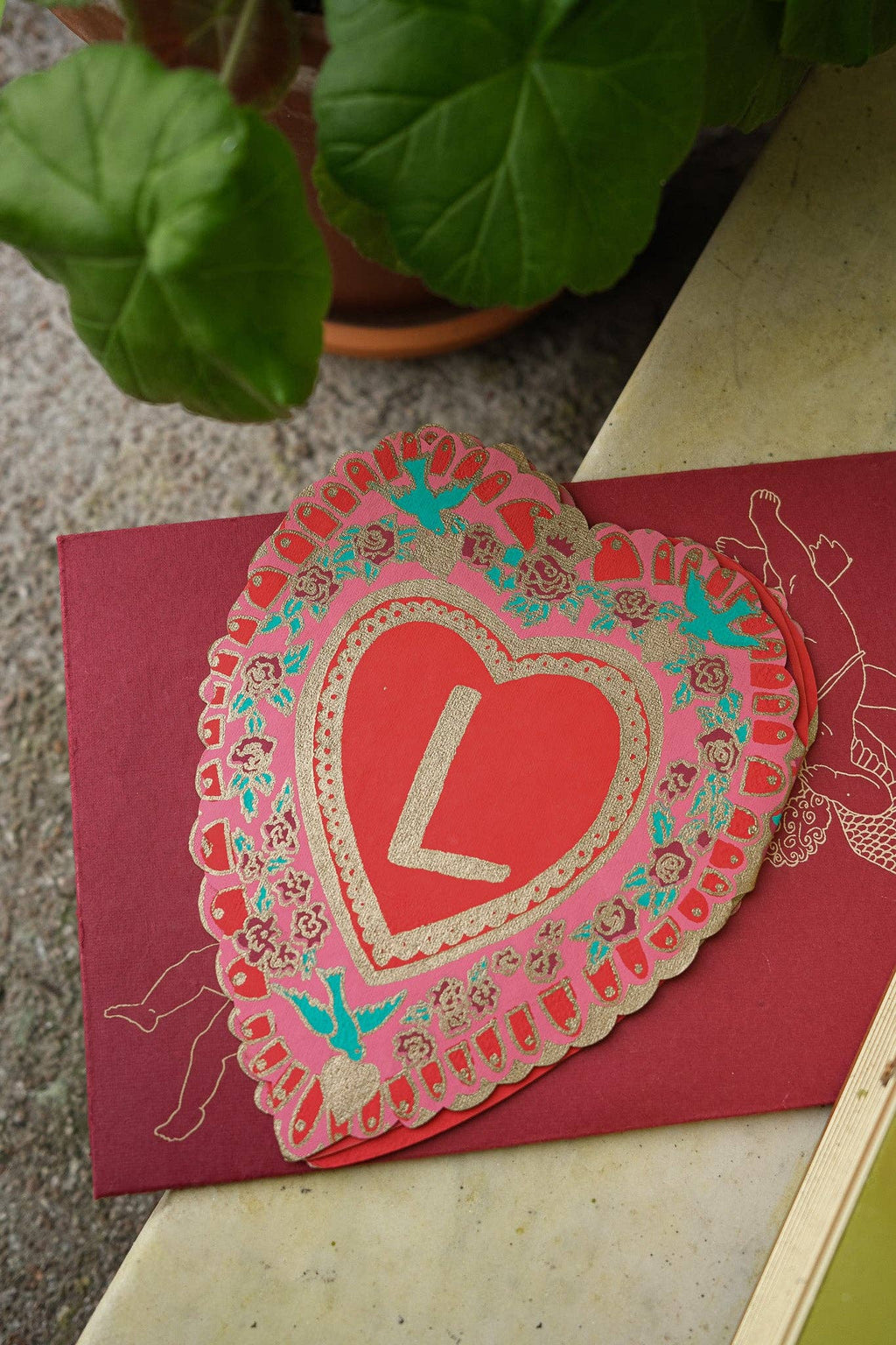 Love concertina kaart op gerecycled katoenpapier, handbedrukt