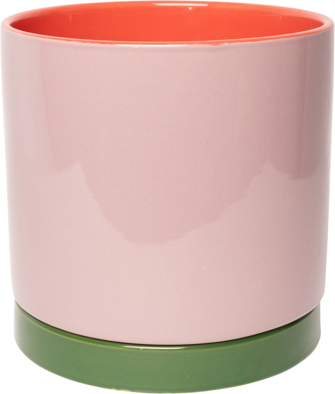 Keramische bloempot paars/groen/roze (met schotel) – 18 x ø18 cm