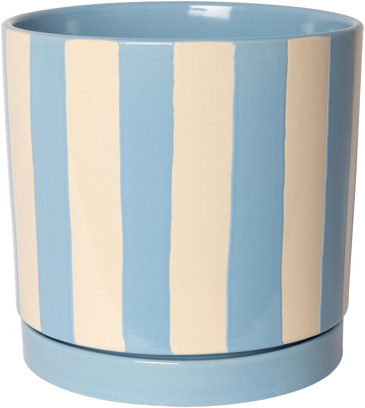 Keramische bloempot blauwe strepen (met schotel, met strepen) – 18 x ø18 cm