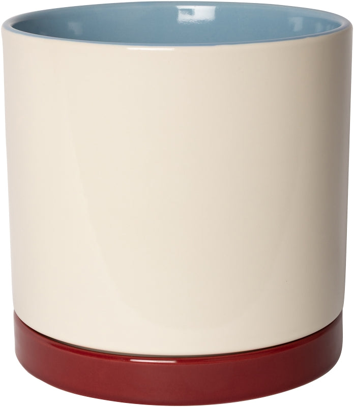 Keramische bloempot blauw/wit/bordeaux (met schotel)