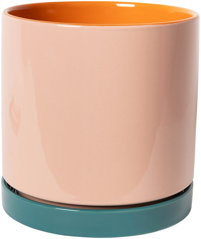 Keramische bloempot oranje/roze/petrol (met schotel) – 18 x ø18 cm
