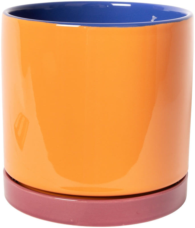 Keramische bloempot blauw/oranje/roze (met schotel) – 18 x ø18 cm