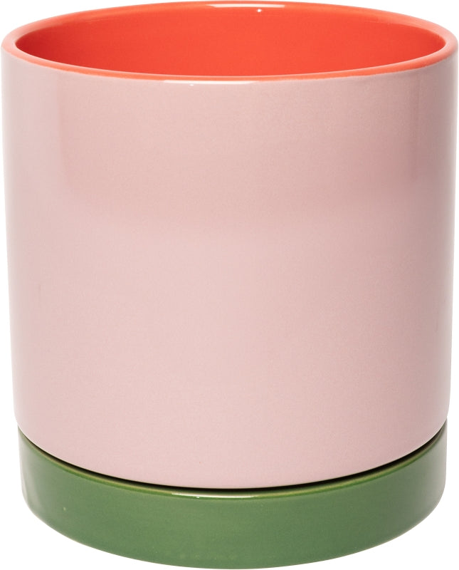 Keramische bloempot paars/groen/roze (met schotel) – 15,5 x ø15 cm