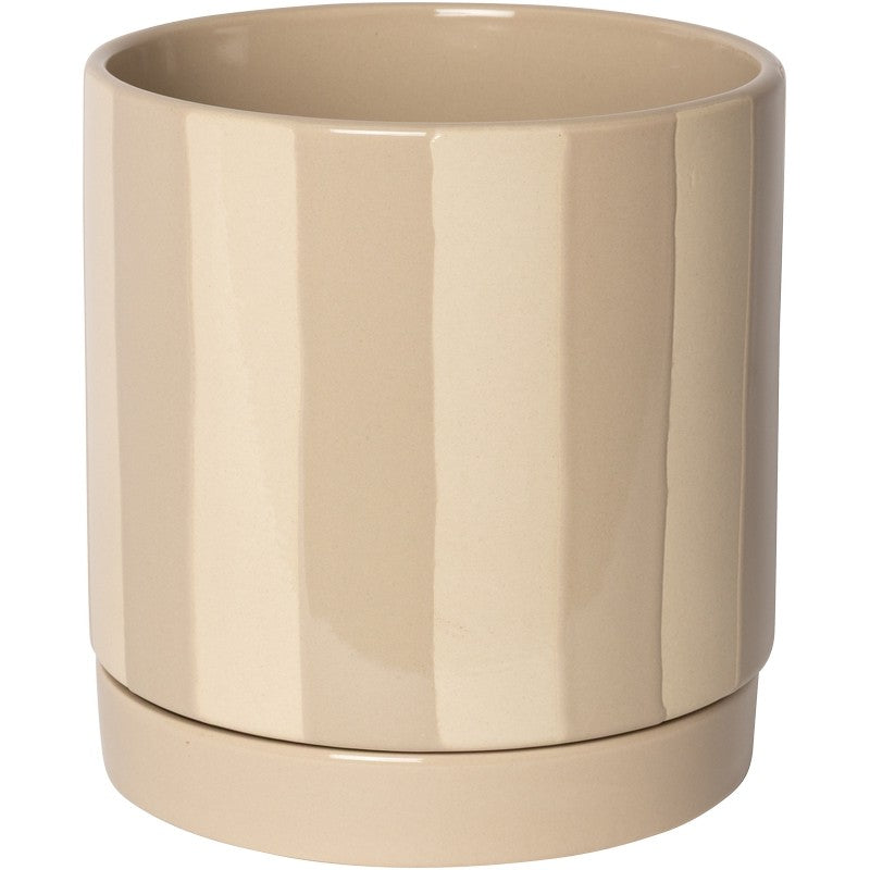 Jeroom zand strepen plantenpot met schotel, 15,5 cm
