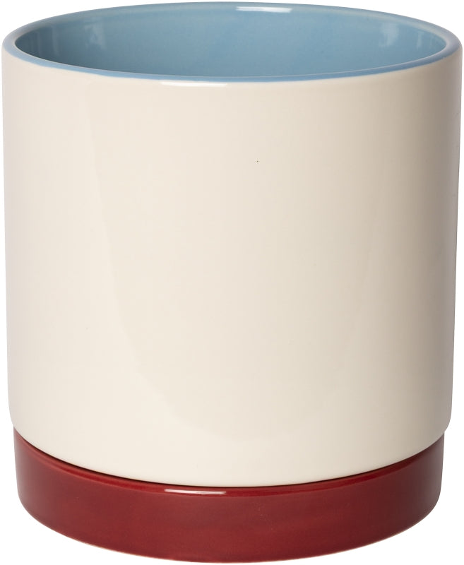 Keramische bloempot blauw/wit/bordeaux (met schotel)