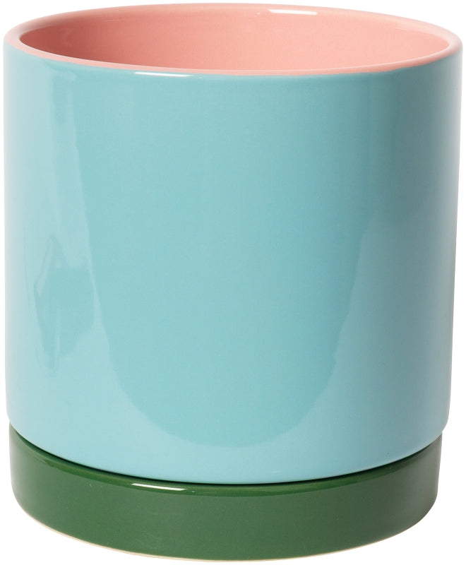 Keramische bloempot roze/mint/groen (met schotel) – 15,5 x ø15 cm
