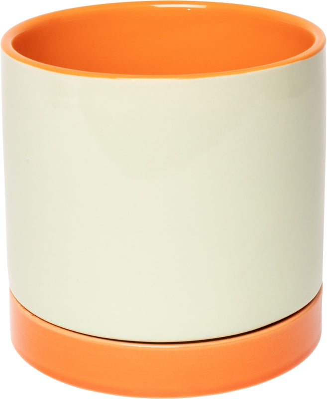 Keramische bloempot oranje/mint (met schotel) – 12,5 x ø12,5 cm