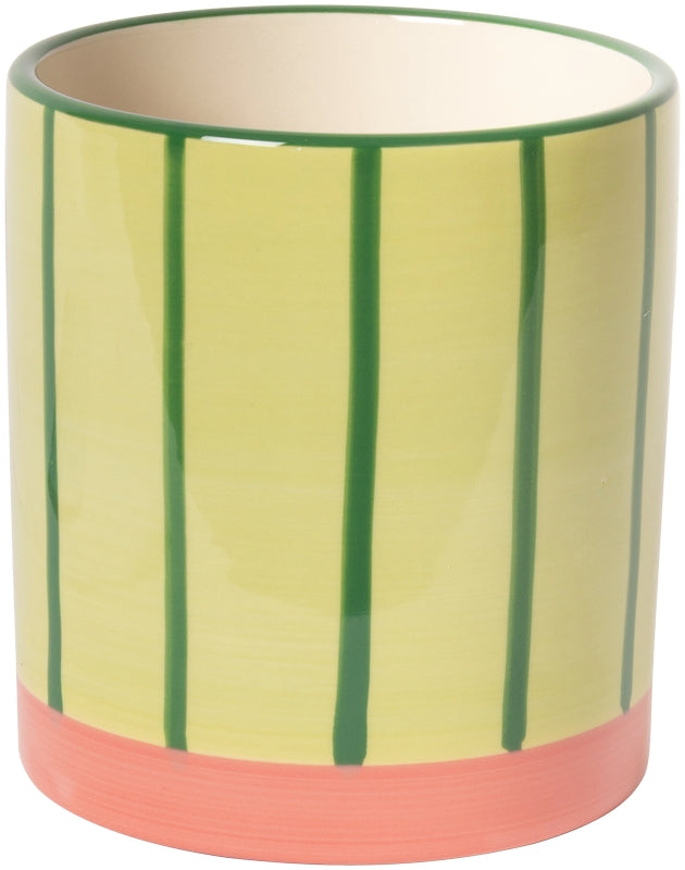 Keramische bloempot groen/roze (met lijnen) – 11 x ø10 cm