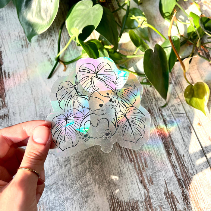 Sun Catcher Sticker - Corgi-hond met Monstera deliciosa-bladeren-Stera