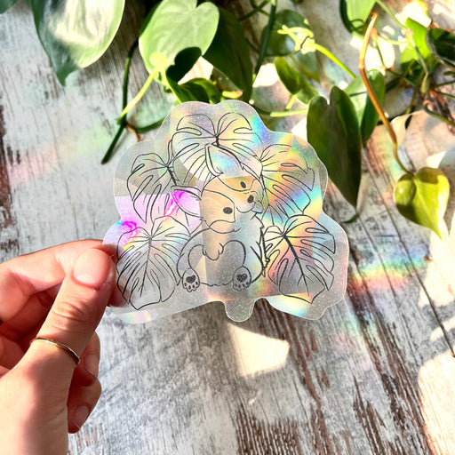 Sun Catcher Sticker - Corgi-hond met Monstera deliciosa-bladeren-Stera