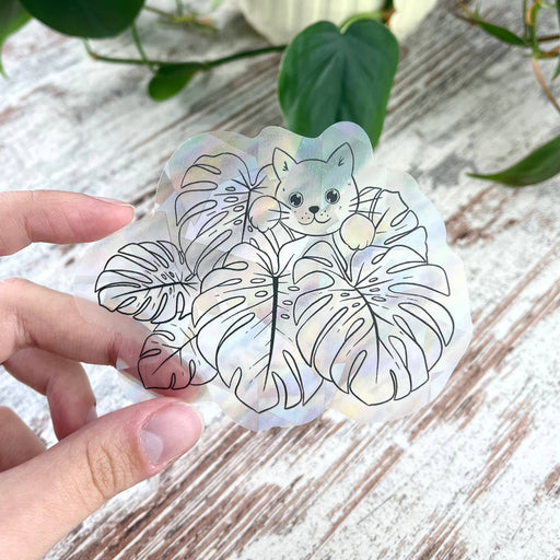 Sun catcher sticker - Monstera deliciosa with cat, catlady-Stera