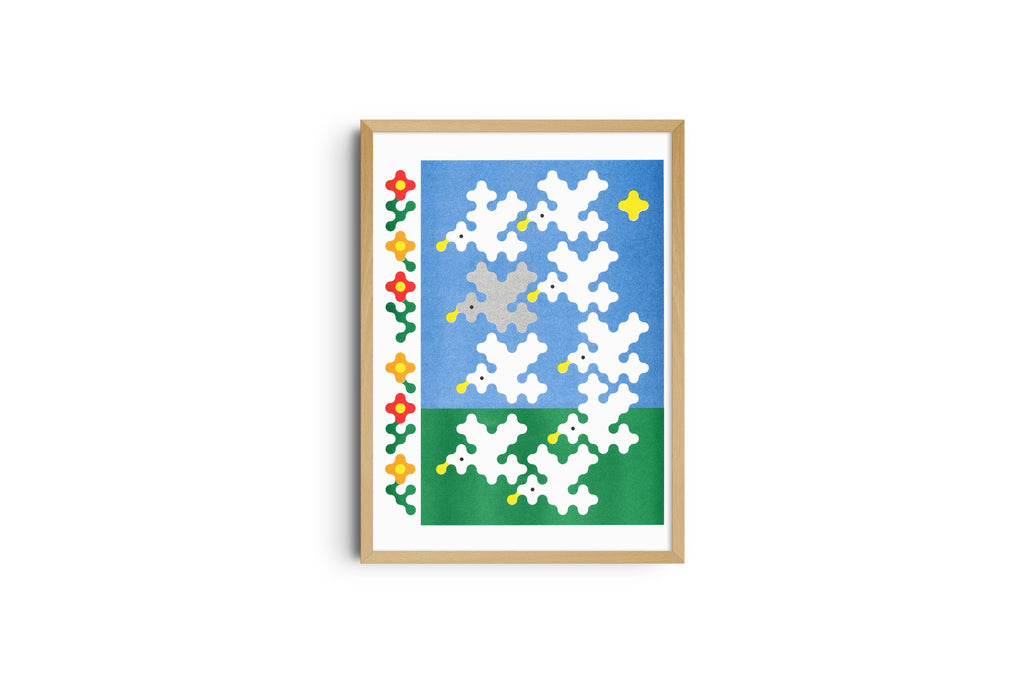 A3 risografieposter Nine Birds van Joe O'Donnell, KIBLIND Atelier