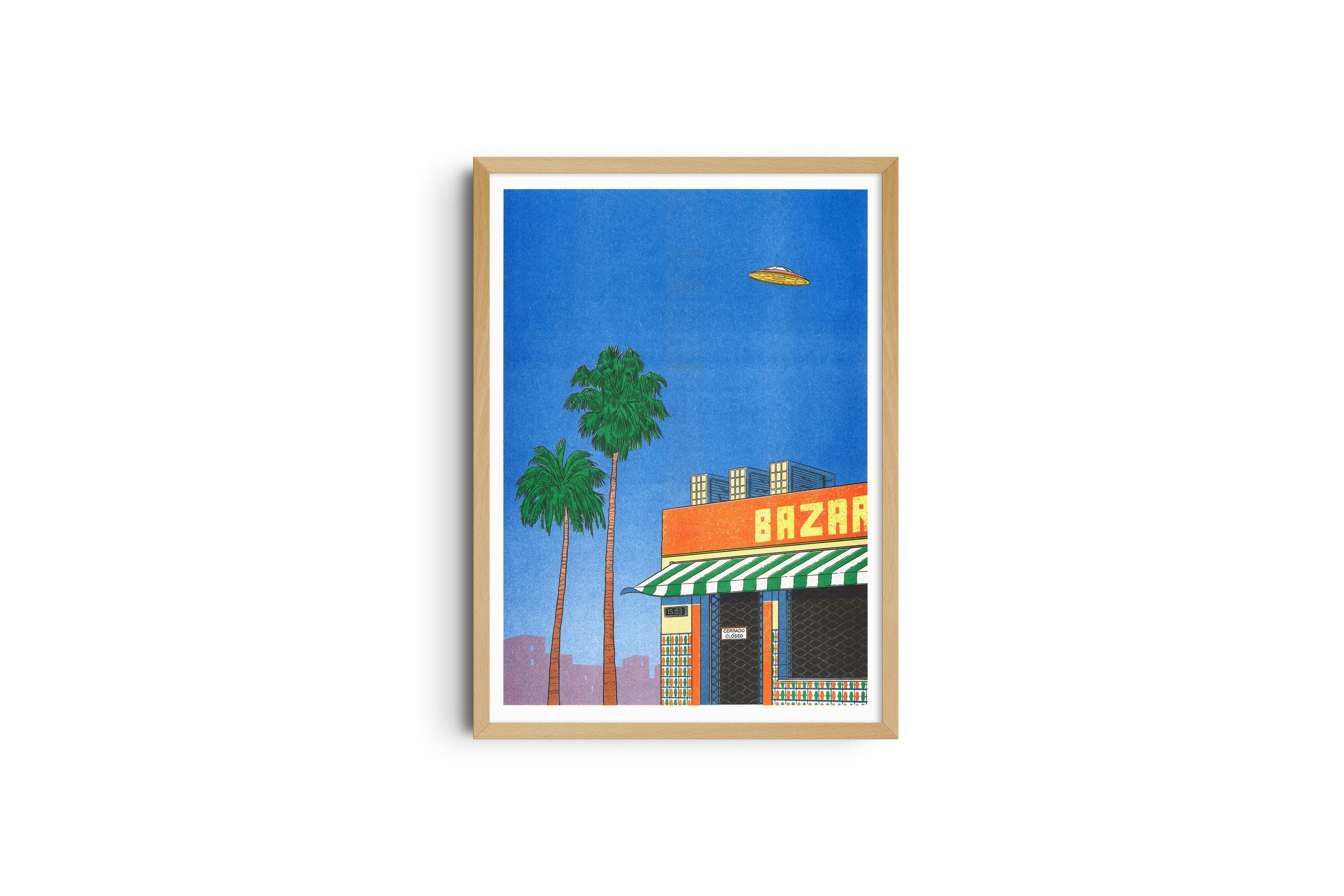 Risografieposter 'Spanje om 15:00' van Simon Bailly, gedrukt door KIBLIND Atelier